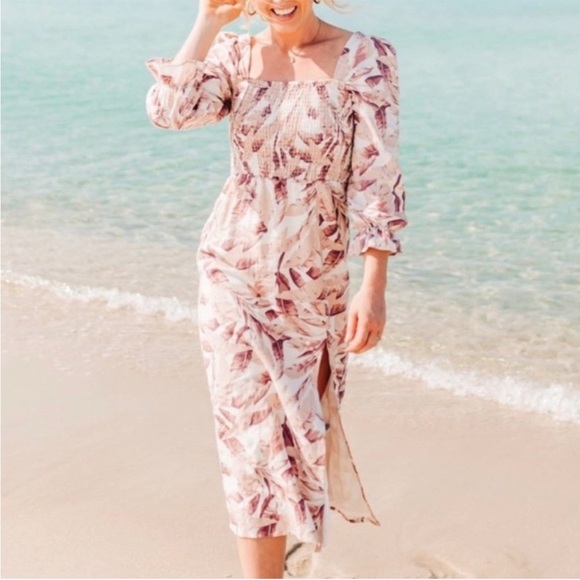 House Of Harlow 1960 Revolve Linen Floral Square Neck Midi Dress Size Medium - Picture 1 of 9